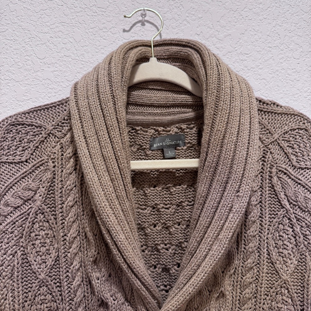 LLBean Signature Fisherman Cable Knit Sweater Cardigan Grandpa Cotton Brwn Tan L - Picture 6 of 16